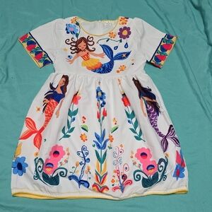 Taylor Kids Dress with Mermaid Print - White and Multicolor